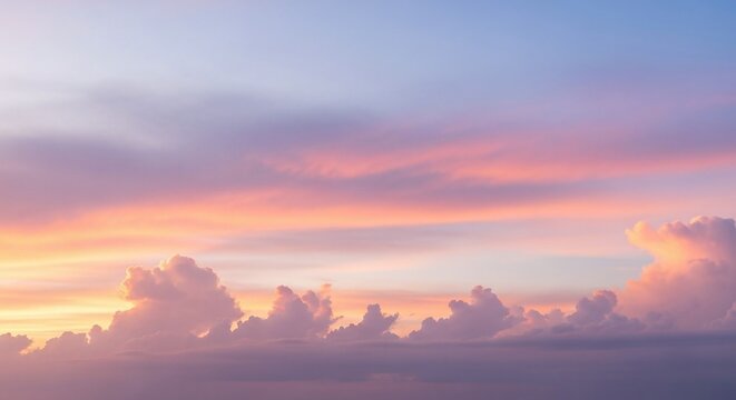 Vibrant and serene sunset sky with soft pastel clouds in shades of pink, orange, purple, and blue, creating a beautiful natural backdrop
