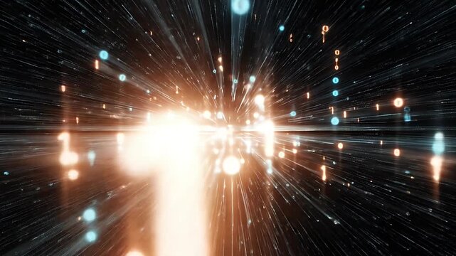 Digital Data Stream Flowing Through Neon Binary Code Network