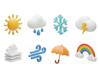 Collection of 3d weather icons: sun, rain, snow, storm, fog, wind, umbrella, rainbow isolated on transparent background