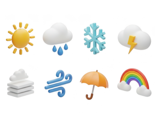 Collection of 3d weather icons: sun, rain, snow, storm, fog, wind, umbrella, rainbow isolated on transparent background