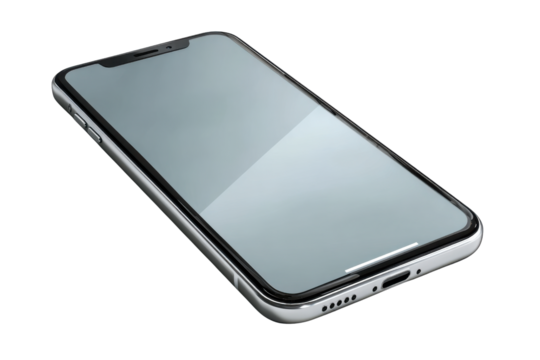 Silver smartphone with reflective screen on black background technology device 1