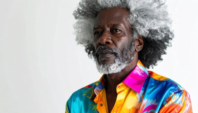 Portrait of a Senior African American Man with Grey Afro Hair and Colorful Shirt - Powered by Adobe