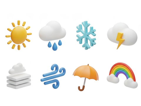 Collection of 3d weather icons: sun, rain, snow, storm, fog, wind, umbrella, rainbow isolated on transparent background - Powered by Adobe