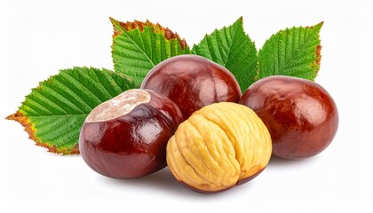 Still Life of Fresh Chestnuts with Green and Brown Horse Chestnut Leaves