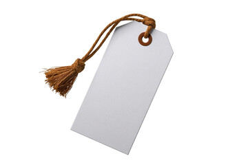 White rectangular tag with brown string and tassel on black background label blank