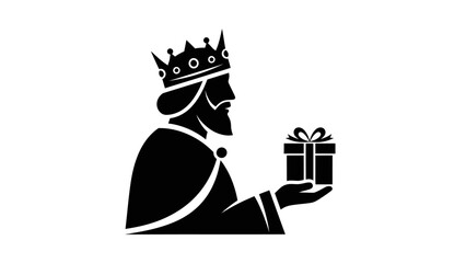 Black silhouette of a king or wise man wearing a crown and cloak, holding a small wrapped gift box with a bow.