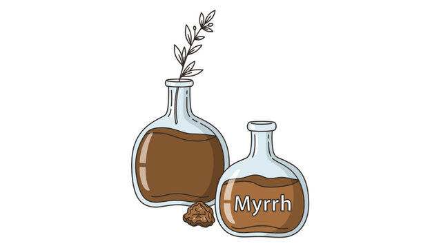 Illustration of myrrh oil in glass bottles with myrrh resin and a plant branch.
