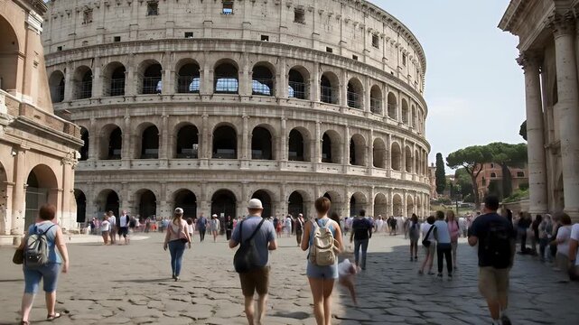 Daytime footage of the Colosseum in Rome with tourists walking around