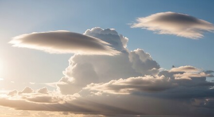 A beautiful and dramatic sky at sunset, featuring a distinctive lenticular cloud and large cumulus formations, illuminated by golden light