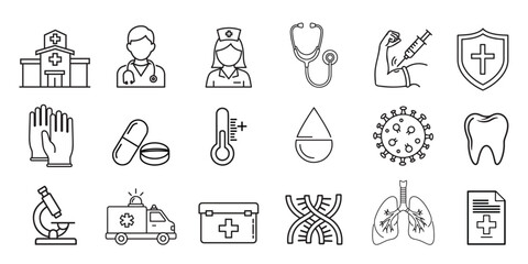 Medical and healthcare line icon set. Doctor, nurse, vaccine injection, dna helix, lungs anatomy, and hospital outline vector symbols.