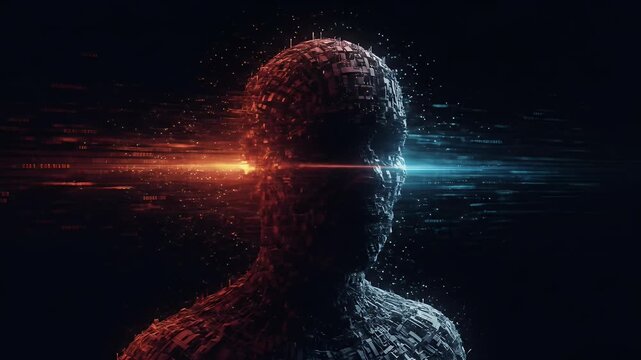 Digital Human Dissolving into Orange Blue Particles Futuristic Loop