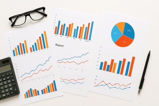 Flat lay printed business reports with colorful bar charts pie charts and line graphs on pure white background