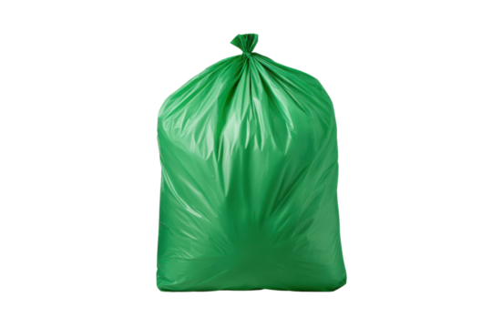 Full green plastic trash bag tied at the top isolated on black garbage, Isolated On White Background, Png Transparent