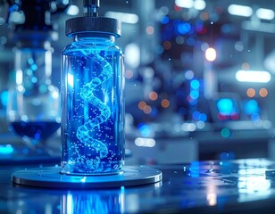Glowing Blue DNA Double Helix Structure in a Glass Vial in a Futuristic Laboratory Setting