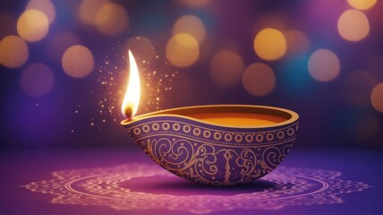 Enlightened Diwali: An intricately designed diya lamp, its flame casting a warm glow, is a symbol of hope and enlightenment. It illuminates the scene with its soft, warm light and decorative details.