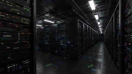 Digital Server Room With Neon Yellow Blue And Green Light Trails Motion - Powered by Adobe