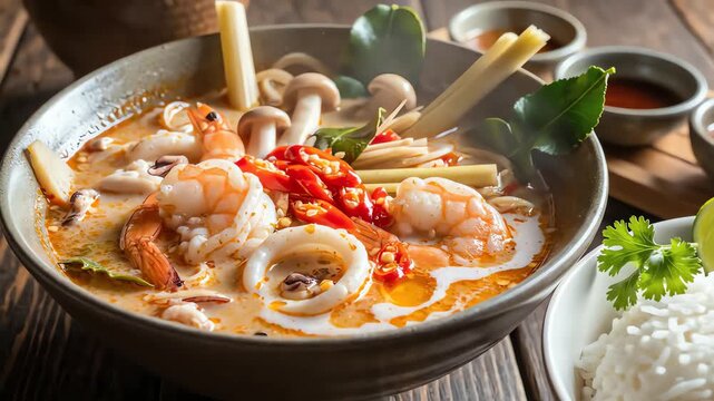 Tom Yam Kung Spicy Thai Asian Soup with Shrimp, Rice, Seafood, Coconut Milk, and Chili, Aromatic and Savory Traditional Dish.