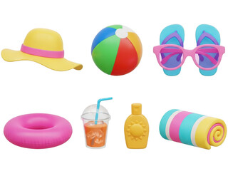 Beach vacation essentials: hat, ball, flip-flops, drink, sunscreen, towel, ring isolated on transparent background