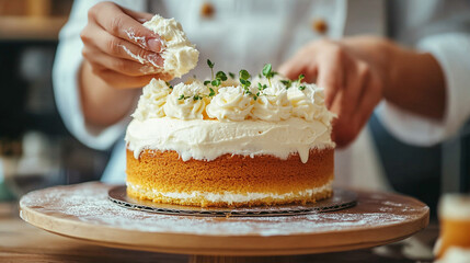 Close view of a chefs hand decorating a cake with smooth cream swirl symbolizing celebration skill patience and craft as delicate motion creates texture sweetness and artistry across a fresh dessert s