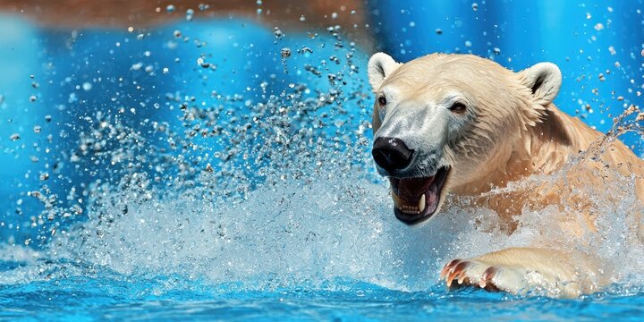 Polar Bear Splashing Playfully in Bright Blue Water Environment