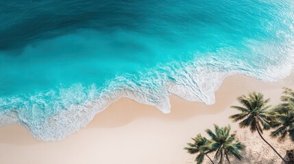 Aerial View of Tropical Beach with Turquoise Water and Palm Trees