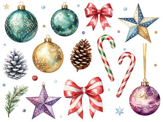 Watercolor Christmas Decor & Festive Elements: Ornaments, Candy Canes, Figures & Greenery for Holiday Design