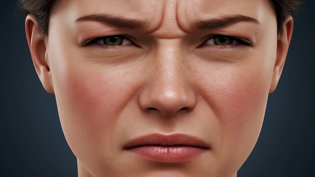 Disgusted Woman Face Wrinkled Nose Grimace with Angry Eyes Dark Background Footage