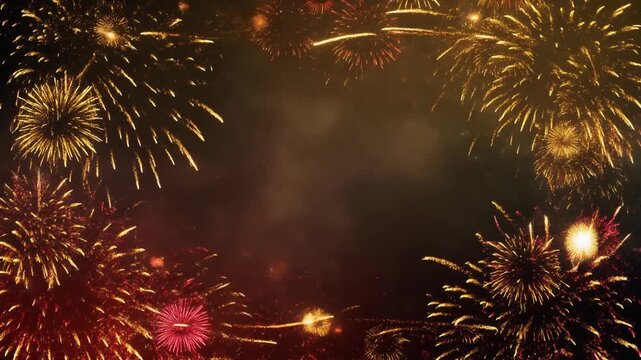 Looping video of new year fireworks bursting around the edges of the frame, empty space for text placement, new year vibe greeting card 