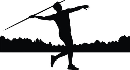 Fototapeta premium Athlete Practicing Javelin Throw on Open Field – Black and White Silhouette Vector Art