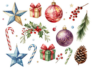 Watercolor Christmas Decor & Festive Elements: Ornaments, Candy Canes, Figures & Greenery for Holiday Design