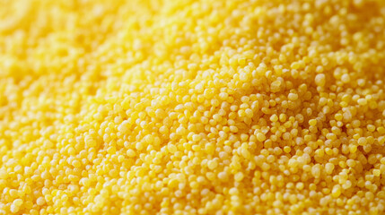 bright yellow raw millet grains forming an organic cereal background with rich natural texture, creating a healthy food concept with warm color and rustic detail