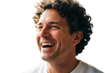 Man with curly hair laughing isolated on transparent background