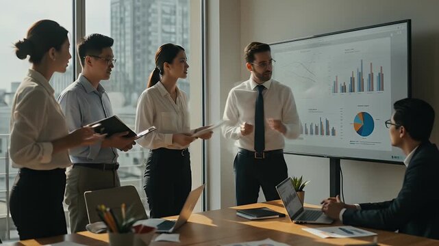 Diverse Team Discussing Financial Growth Charts in a Modern Office - Powered by Adobe