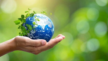 Caring for our planet, a hand gently holds the globe covered in fresh green leaves against a natural bokeh background, symbolizing Earth Day and environmental conservation