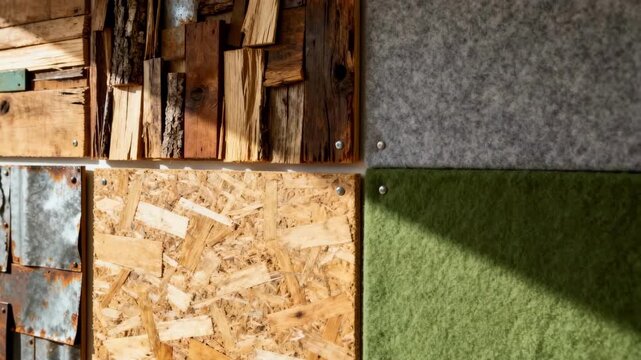 Closeup medium shot of textured ecofriendly wall treatments created from reclaimed materials ideal for educational spaces promoting environmental awareness.