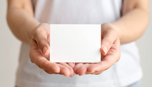 Hands holding a blank white card, perfect for adding text or images, offering a clean slate for your message or design