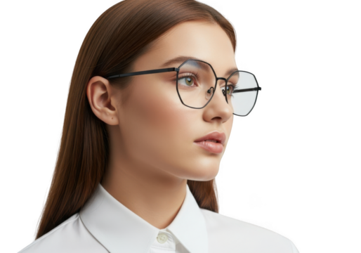 Woman wearing geometric eyeglasses isolated on transparent background