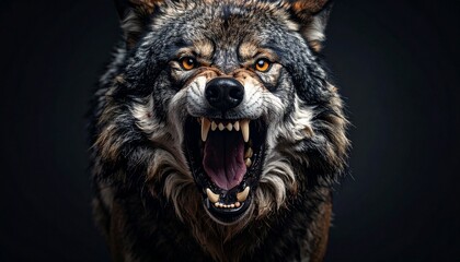 Fierce Wolf Snarling with Teeth Bared in a Powerful Display of Aggression Against a Dark Background