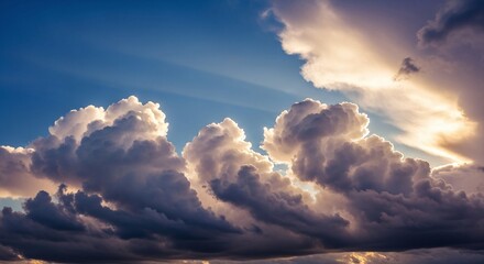 Golden sun rays pierce through a dramatic sky filled with dark and fluffy cumulus clouds, creating a majestic and inspiring natural scene