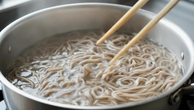Boiling soba noodles stirred with chopsticks in pot.