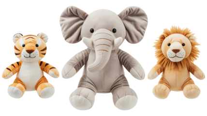 Adorable plush tiger, elephant, and lion friends ready for play
