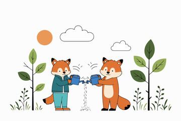 Foxes Watering Plants