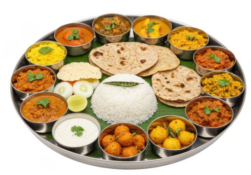 Indian thali meal isolated on transparent background