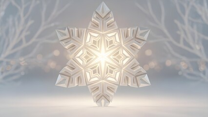 Crystalline Snowflake: A meticulously crafted, radiant snowflake, aglow with a gentle inner light, resting serenely, evoking the magic and wonder of winter.