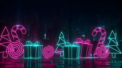 Neon Christmas Wonders: Enchanting neon lights paint a vibrant scene of holiday cheer, with intricately designed gift boxes, candy canes, and festive trees. A truly mesmerizing holiday atmosphere.