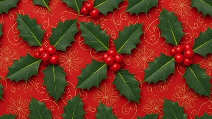 Festive Holly Pattern: A vibrant arrangement of holly branches with vibrant red berries. perfect for seasonal greetings.