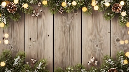 Christmas Festive Decoration: A festive display frames wooden planks with evergreens, illuminated string lights, and pine cones, creating a warm, inviting backdrop for the holiday season.
