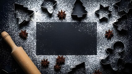 Festive Baking Scene: A culinary display of holiday spirit featuring an array of cookie cutters, star anise, rolling pin, and a dusting of flour.