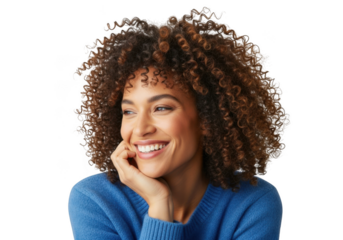 Smiling woman with curly hair isolated on transparent background