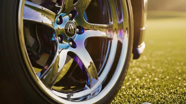 Automotive wheel and golf balls on green grass